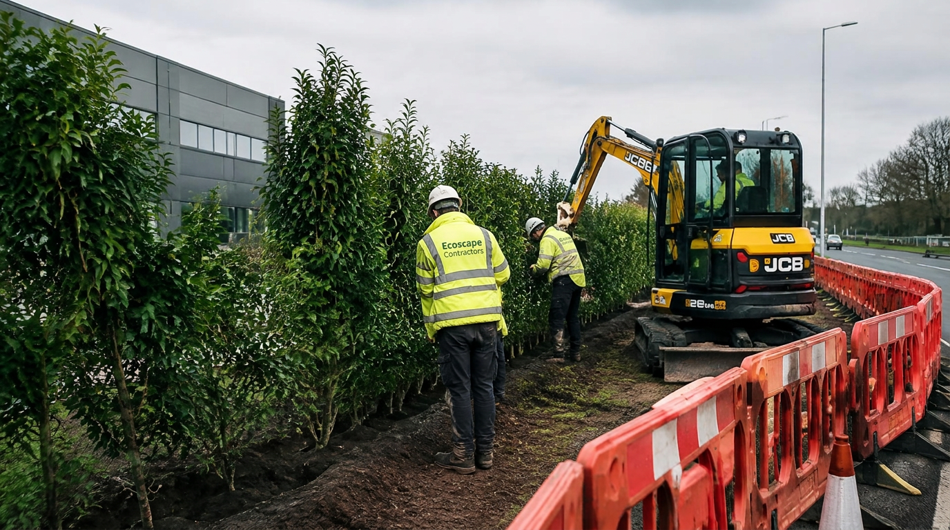 Ecoscape crew replanting a hedge after vehicle impact
